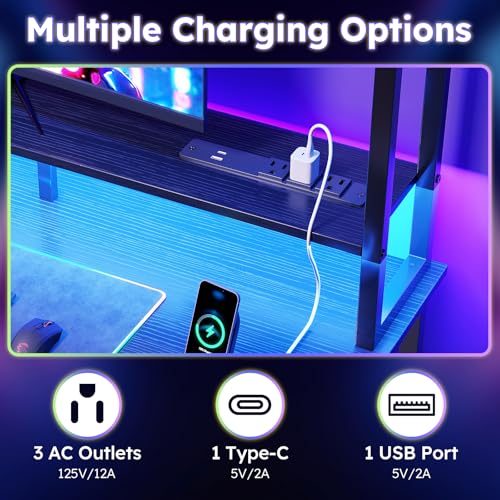 47 Inch Computer Gaming Desk with Hutch Power Outlet and LED Strip, view 6