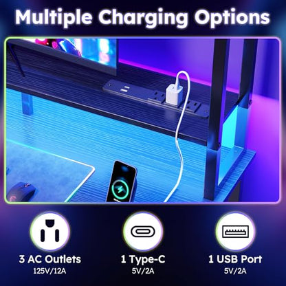 47 Inch Computer Gaming Desk with Hutch Power Outlet and LED Strip, view 6