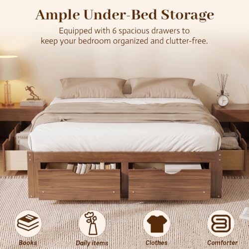JIVOIT Queen Size Solid Wood Storage Platform Bed with 6 Drawers, Pine Wood Bed (Light Walnut-Queen,7)
