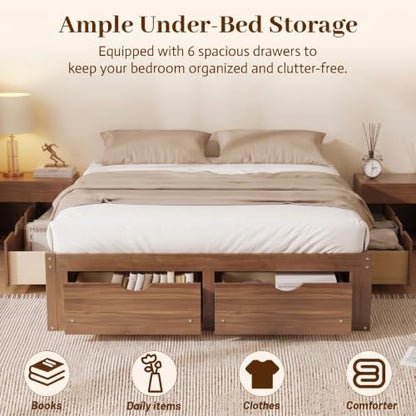 JIVOIT Queen Size Solid Wood Storage Platform Bed with 6 Drawers, Pine Wood Bed (Light Walnut-Queen,7)