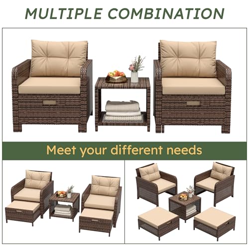 Balcony Furniture Set 5 Piece Patio Conversation Set, PE Wicker Outside Furniture with Soft Cushions & Coffee Table, Outdoor Lounge Chairs with Ottoman for Porch, Lawn, Balcony, Coffee-Beige