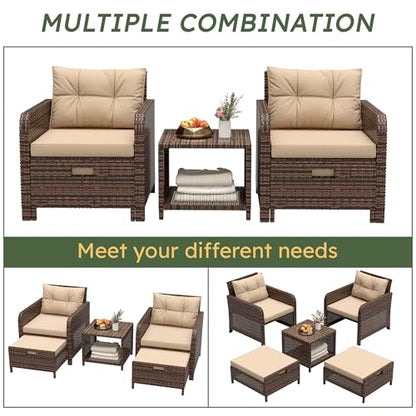 Balcony Furniture Set 5 Piece Patio Conversation Set, PE Wicker Outside Furniture with Soft Cushions & Coffee Table, Outdoor Lounge Chairs with Ottoman for Porch, Lawn, Balcony, Coffee-Beige