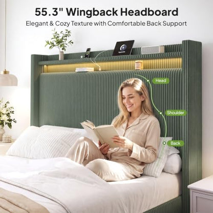 Queen Size Bed Frame with 55.3" Tall Headboard, Corduroy Upholstered,Green, view 4