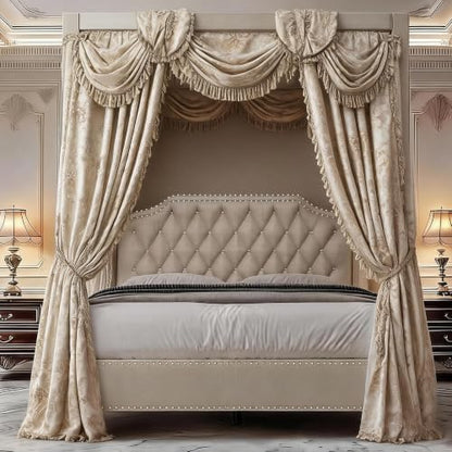 Upholstered King Size Bed Frame with Canopy Poles and Headboard, view 4