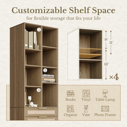 73'' Rattan Bookshelf with Doors and 2 Drawers, Natural Oak | Wood Bookcase with 2 Drawers and Doors, 8 Open Cubes, Adjustable Shelves, Durable Build, Modern Rattan Style