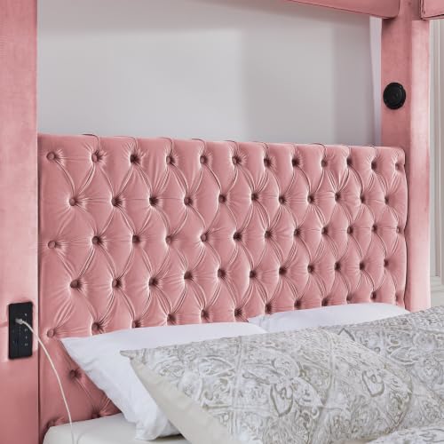 Queen Size Velvet Canopy Bed with Button Tufted Headboard, Pink, view 6