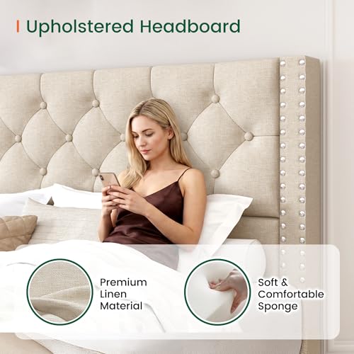 Queen Size Bed Frame with 4 Storage Drawers and Tufted Headboard Linen, view 4
