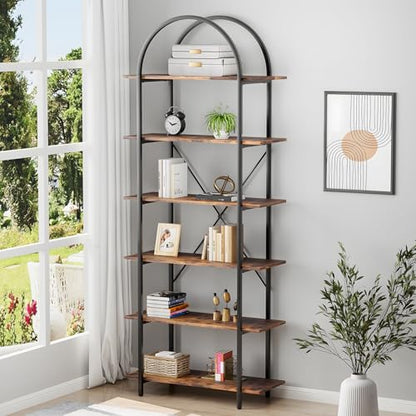 6 Tier Bookshelf, 83" Tall Arched Bookcase, Tall Book Shelf with Metal Frame, Industrial Display Standing Shelf for Living Room, Home Office, Bedroom, Brown