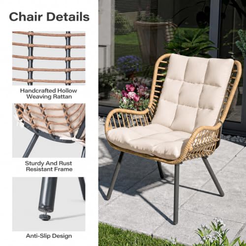 3 Piece Outdoor Bistro Set, Small Patio Furniture Set with Coffee Table and Thick Cushions, Front Porch Furniture for Lawn, Garden, Balcony, Poolside, White