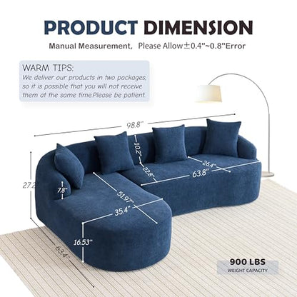 99" Curved Sectional Sofa with Chaise, Modern Luxury Chenille Cloud Couch for Living Room, Heavy Duty Oversized Deep Seat 3-Seater, 700lbs/Seat Weight Capacity, No Assembly, Antique Blue
