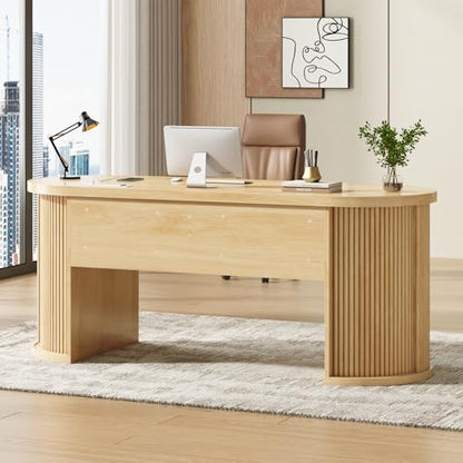 Office Desk with 2 Drawers, 58.3" x 21.7" Fluted Computer Desk with 2 Sliding Doors Storage and Power Strip, Wood Executive Desk for Home Office, Light Oak