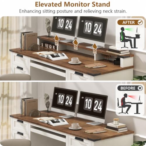 60" Farmhouse Executive Desk with 8 Drawers, White and Brown, view 7