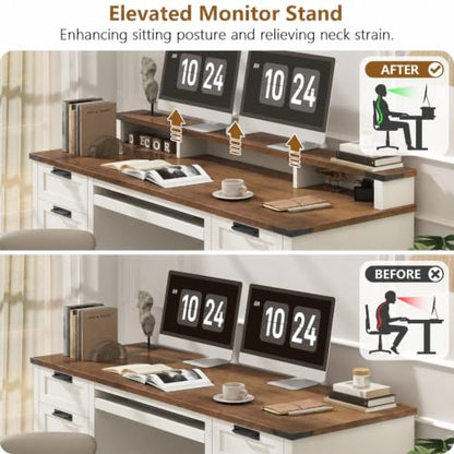 60" Farmhouse Executive Desk with 8 Drawers, White and Brown, view 7