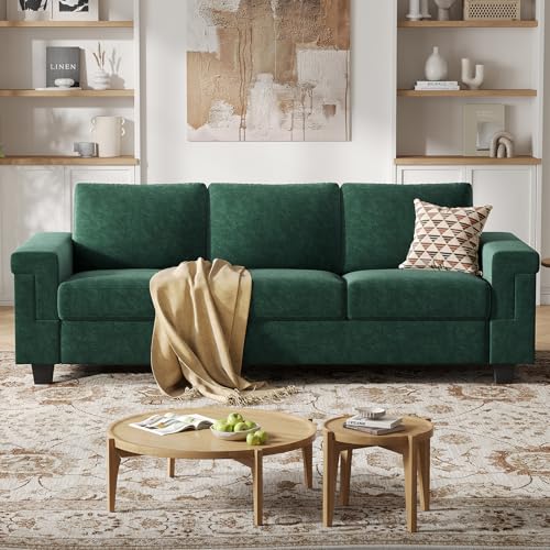 3 Seater Sofa Couch with Deep Seat, 90" Modern Upholstered Sofa with Armrests, Easy Installation, Comfy Couches for Living Room, Apartment, Green