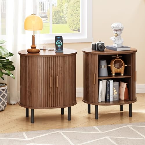 Oval End Table with Storage & Charging Station, Fluted Accent Side Table with Sliding Door & Adjustable Shelf, Mid-Century Modern Nightstand Set of 2 for Living Room, Bedroom, Walnut(2-Pack)