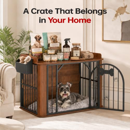 39 inch Dog Crate Furniture with Storage Pocket, Walnut, view 3