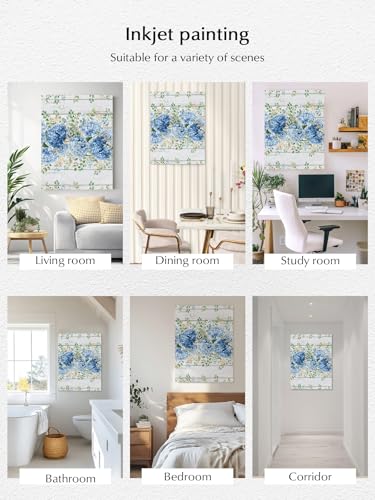 NuYeBiofx Country Hydrangea Flower Eucalyptus Leaves Canvas Wall Art Prints,48"x32" Framed Picture Artwork Retro Wooden Printed Canvas Oil Painting for Living Room Bedroom Office,Ready to Hang