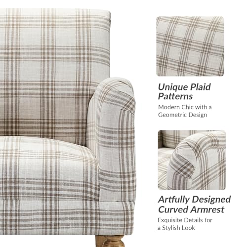 Farmhouse Accent Chair with Plaid Pattern, Tan | Comfy Upholstered Armchair with Solid Wood Legs, Curved Armrests, for Living Room Bedroom Reading Relaxation