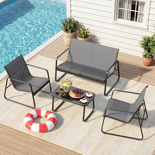 4 Piece Patio Furniture Set, Outdoor Conversation Set, with Glass Coffee Table, Loveseat, 2 Single Chairs, All Weather Textile Fabric, for Backyard, Balcony, Lawn, Garden, Poolside, Grey