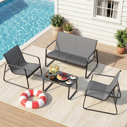 4 Piece Patio Furniture Set, Outdoor Conversation Set, with Glass Coffee Table, Loveseat, 2 Single Chairs, All Weather Textile Fabric, for Backyard, Balcony, Lawn, Garden, Poolside, Grey