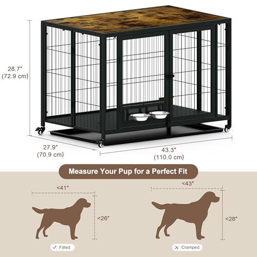 43.3" Heavy Duty Large Dog Crate with Wheels & Feeding Bowls, view 7