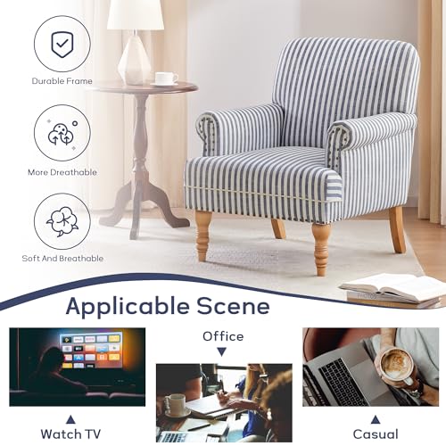 Linen Fabric Accent Chair, Mid-Century Modern Armchair with Solid Wood Legs, Single Sofa Chair,Upholstered Reading Club Chair (1, Dark Blue and White Stripe)