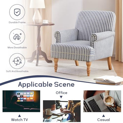 Linen Fabric Accent Chair, Mid-Century Modern Armchair with Solid Wood Legs, Single Sofa Chair,Upholstered Reading Club Chair (1, Dark Blue and White Stripe)