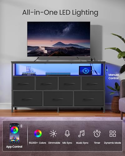 Dresser with App-Controlled LED Lights, 7 Fabric Drawers Dresser, view 6
