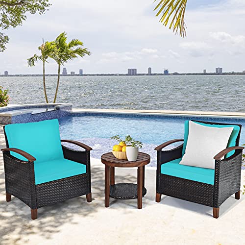 3 Pieces Patio Furniture Set, Outdoor Rattan Sofa and Side Table w/Solid Acacia Wood Frame, High Load Bearing Conversation Bistro Set w/Washable and Removable Cushions (Turquoise)