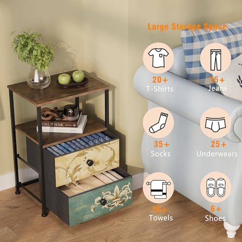 Nightstand with 2 Fabric Drawers Retro Flower End Table Side Table with Open Storage Shelf for Bedroom Living Room Sofa Beside Vintage