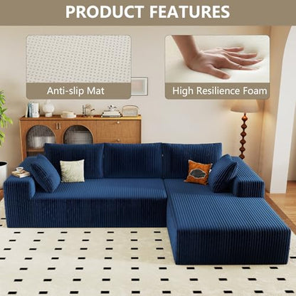96" Cloud Sectional Couch with L-Shaped Chaise, Modern Corduroy Sectionals Couches with Deep Seat, Boneless Sofa 3 Seater for Living Room, No Assembly Required (Blue, Right Facing Chaise)