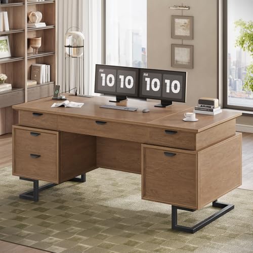 63" Executive Desk with Charging Station, Large Home Office Desks with 6 Drawers and 2 Storage Cabinets, File Drawer, Keyboard Tray, Privacy Panel, Desk Grommet, U-Shaped Metal Legs for Work and Study