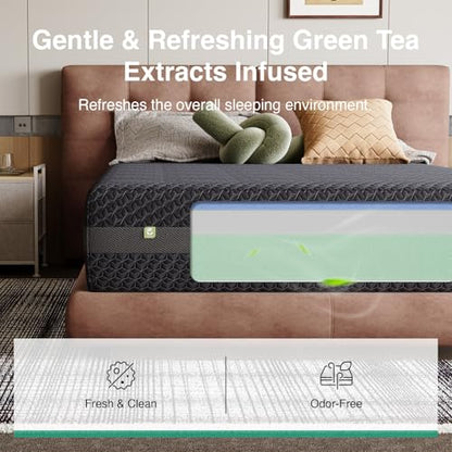 14 Inch Queen Size Mattress, Queen Gel Memory Foam Mattress with Green Tea-Infused Foam for Pressure Relief, Body Contouring, & Balanced Support, Breathable Side Panel, Mattresses in a Box