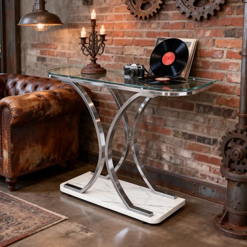 Silver Glass Console Tables for Entryway,Glass Entryway Table with Curved Frames and Marble Base, Modern Entrance Table Sofa Table for Living Room,Hallway,Silver Glass&White Marble