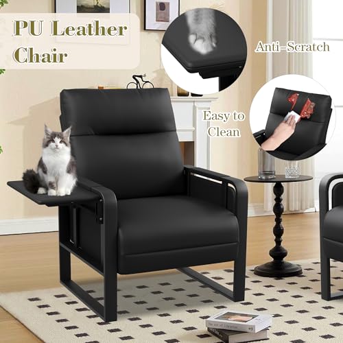 Black Accent Chair PU Leather Upholstered Armchair with Side Table | Modern Ergonomic Accent Chair for Living Room Bedroom Reading Chair with Side Pocket Corner Chair Office Reception Side Chair