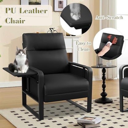 Black Accent Chair PU Leather Upholstered Armchair with Side Table | Modern Ergonomic Accent Chair for Living Room Bedroom Reading Chair with Side Pocket Corner Chair Office Reception Side Chair