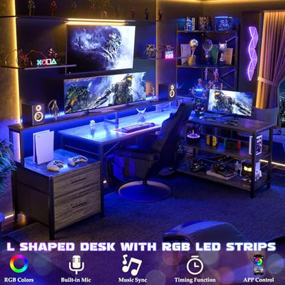 L Shaped Desk with Power Outlet, Reversible L Shaped Computer Desk with File Drawer & Monitor Stand, Gaming Desks with LED Strip, Home Office Desks with Storage Shelf, Grey Oak