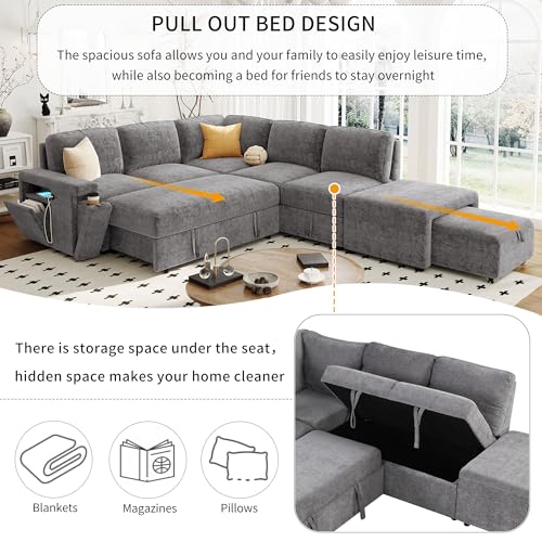 L-Shaped Modular Sofa with Removable Storage Ottoman, USB Ports and Cup Holder, Upholstered Sectional Couch & Armrest, Free Combination Indoor Furniture for Living Room, Apartments, Gray