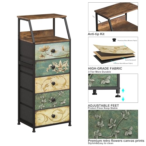 Nightstand with Fabric Drawers Dresser with 2 Tier Shelf Storage Tower for Bedroom Hallway Entryway Closet Organizer Sofa Beside Table Furniture (Multi, 5 Drawers)