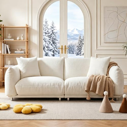 87.4" Oversized Couch, Comfy Mid Century Modern Couch for Living Room, 3-Seater Deep Seat Teddy Sherpa Couch with Metal Legs & 2 Pillows, Cream White Oversized Loveseat Sofa for Apartment, Office