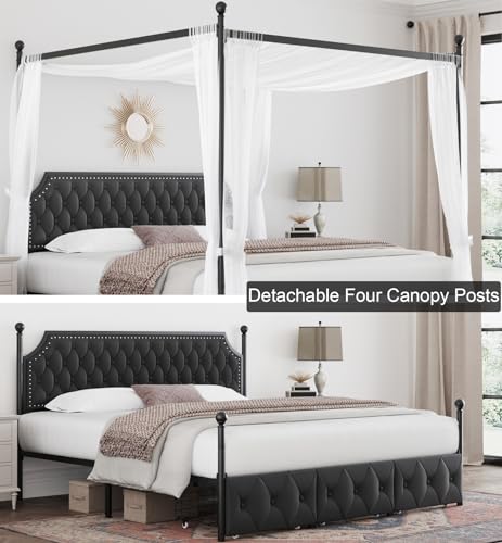 King Upholstered Canopy Bed Frame with 3 Storage Drawers & Button Tufted, view 5
