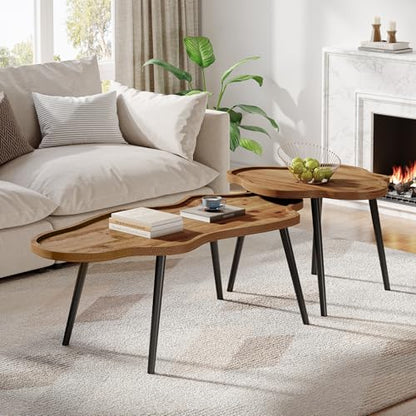 Nesting Coffee Table Set of 2, Solid Wood Coffee Tables with Cloud Tabletop, Stacking Accent Tables with Adjustable Non-Slip Feet for Living Room, Bedroom & Small Space, Rustic Brown