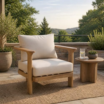 Kera Acacia Wood Lounge Chair Outdoor with Removable Cushion, Solid Wood Patio Accent Chair with Cushion, Patio Furniture Set Sofa Chair, Beige+Brown