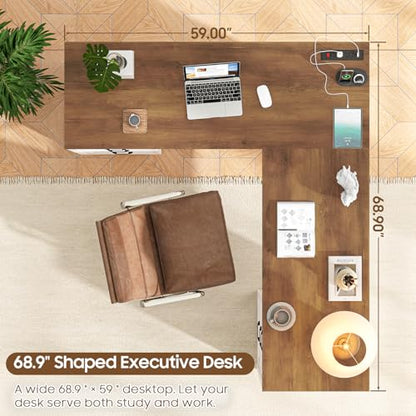 Wood L Shaped Executive Desk with 6 Drawers, view 6