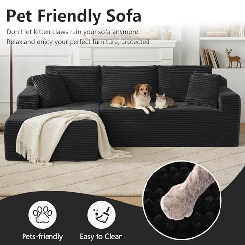 103" Black Boneless Couches for Living Room, L-Shaped Cloud Sectional Sofa with Chaise, Corduroy Foam Compression Modular Set for Apartment Home Office, No Assembly Required