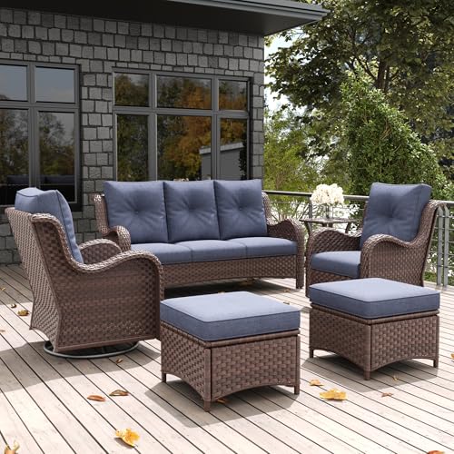 6 Pieces Outdoor Patio Furniture Set, Rattan Wicker Sectional Swivel Rocker Chairs Sets with Ottomans, Swivel Glider Chairs, and Coffee Table