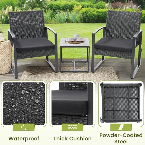 Outdoor 3-Piece Wicker Bistro Set, Rattan Patio Conversation Set with Coffee Table, for Backyard Garden Poolside, Black Frame & Black Cushion
