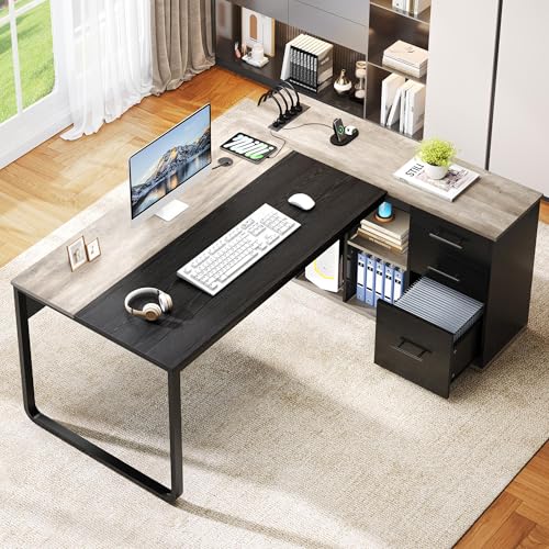 71" Executive Desk with Power Outlets, L Shaped Executive Desk with File Cabinet, Computer Desk with Drawers & Storage Shelves, Corner Office Desk with Bookshelf for Home Office, Grey + Black