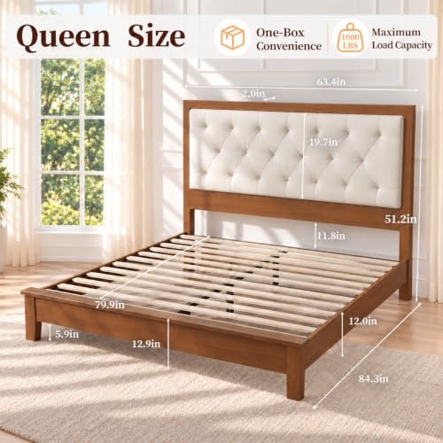 Solid Wood Queen Bed Frame with 51" Tall Upholstered Headboard, Walnut, view 3