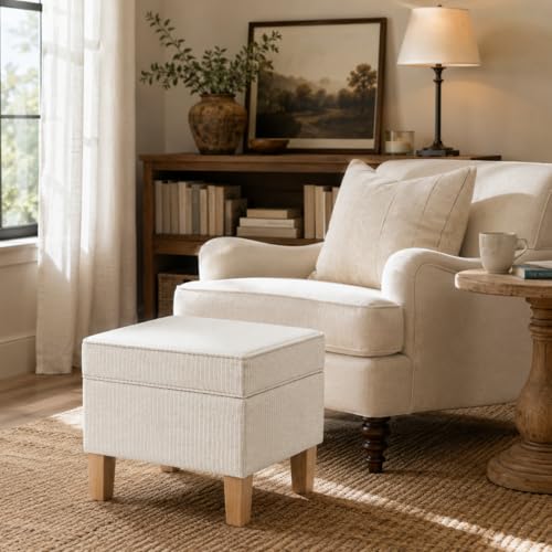 22" Modern Rectangular Storage Ottoman - White Woven Stripe